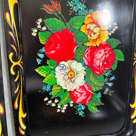 Vintage Set (5) Metal Toleware Snack Tip Tray Hand Painted Floral Flowers 1950's - Picture 4 of 9